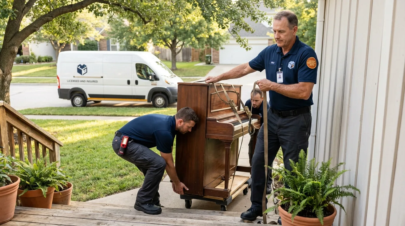 Licensed piano movers securing grand piano in New Milford, NJ