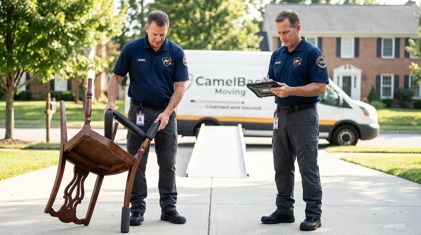 Movers inspecting furniture for damage prevention before loading in New Milford, NJ