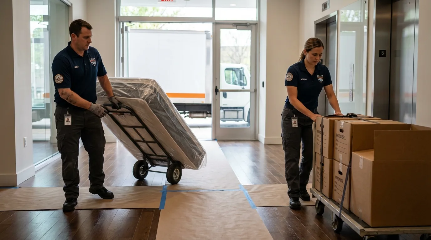 Professional apartment movers loading elevator in New Milford, NJ
