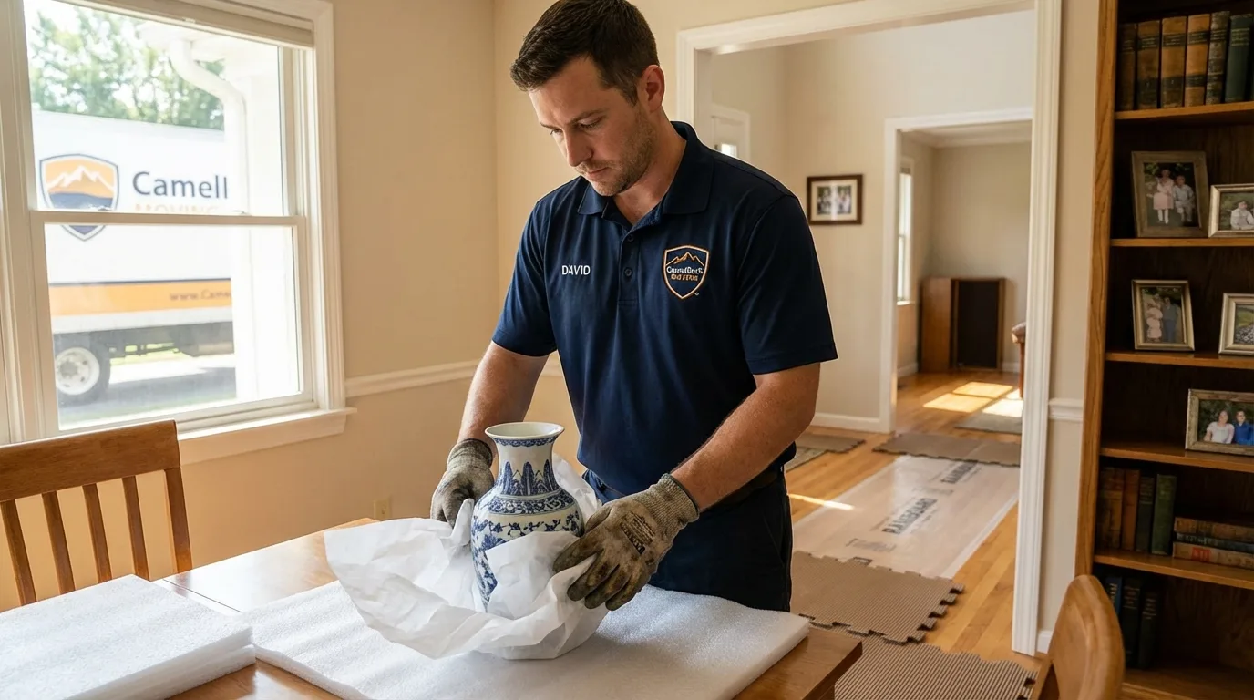 Professional crew carefully wrapping antique vase for senior downsizing move in New Milford, NJ